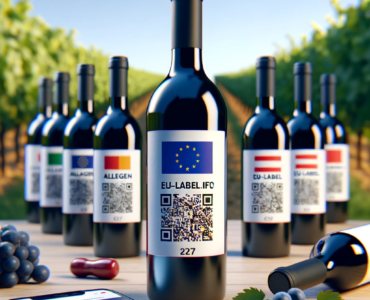 wine bottles, each with a prominent label showing a QR code and an allergen information symbol