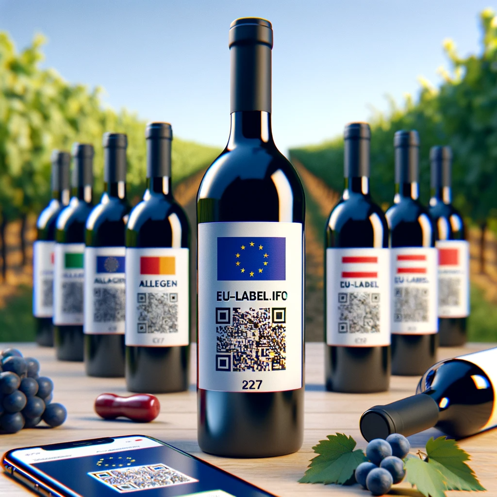 wine bottles, each with a prominent label showing a QR code and an allergen information symbol