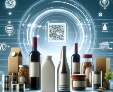 Innovative digitale Etiketten mit QR-Codes in einer Weinbergkulisse, die die Roadmap 2025 von EU-Label darstellen.